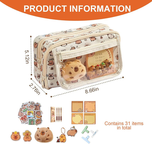 58 Pièces Ensemble Papeterie Capybara, Kawaiitrousse À Crayons Capybara | Avec 9 Compartiments, Avec Stylos, Pinces, Broches, Etc., Pour Le Bureau, Fourniture Scolaire, Étudiants
