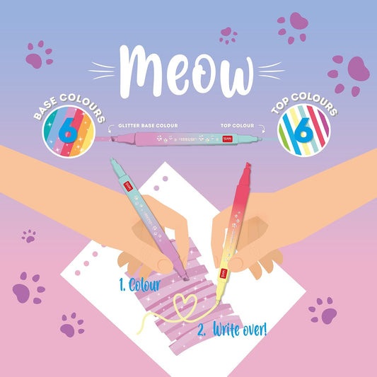 - Set Di 6 Pennarelli Doppia Punta Meow, Inchiostro a Base Di Acqua | 1 a Scalpello Di 4 Mm Con Glitter E 1 Rotonda Di 1 Mm per Sovrascrivere, Impugnatura Triangolare, 3 X 10.9 X 1.7 Cm