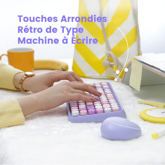 PERIDUO-713 Ensemble Mini Clavier Et Souris Sans Fil 2.4 Ghz, Touches De Style Rétro Arrondies, Violette, AZERTY