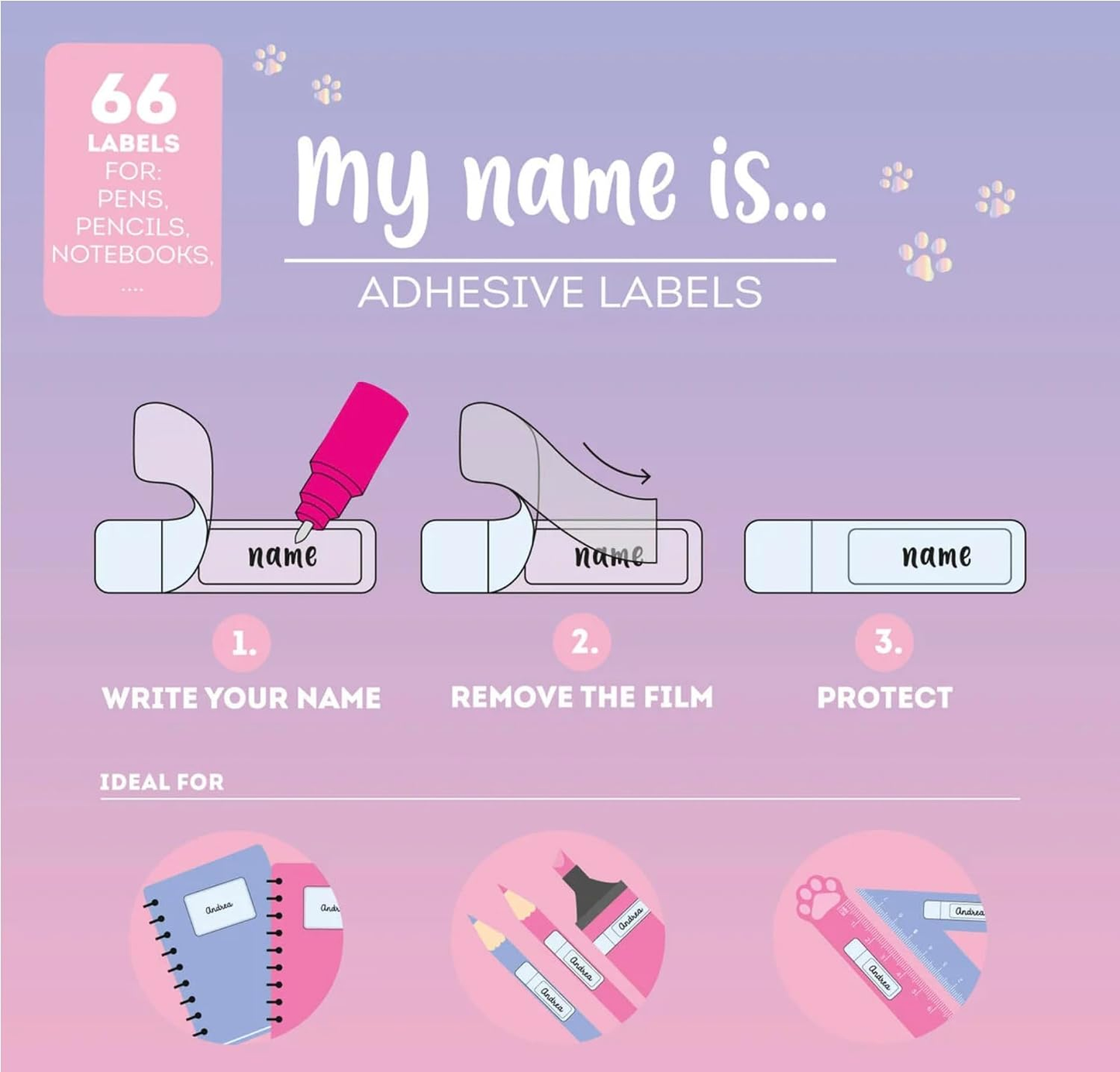Legami My Name Is Kitty Self-Adhesive Name Labels – 66 Pieces, Protective Film, Multiple Shapes, Kawaii Cat Design