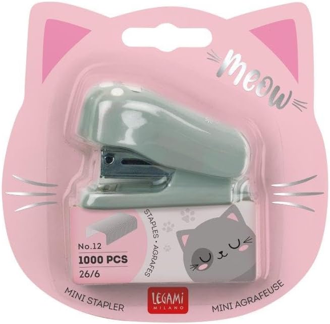 Legami Meow Mini Stapler – Kitty Design, Built-In Staple Remover, 1000 Staples Included, 3.3x4.5cm Plastic