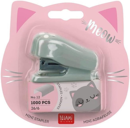 Legami Meow Mini Stapler – Kitty Design, Built-In Staple Remover, 1000 Staples Included, 3.3x4.5cm Plastic