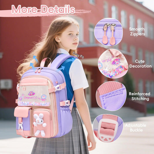 Sac D'École Fille Primaire, Cartable Scolaire Kawaii En 3 Pièces | Léger Et Confortable Sac À Dos Fille Avec Sac Repas Et Trousses, CE1 Au CM2, Violet