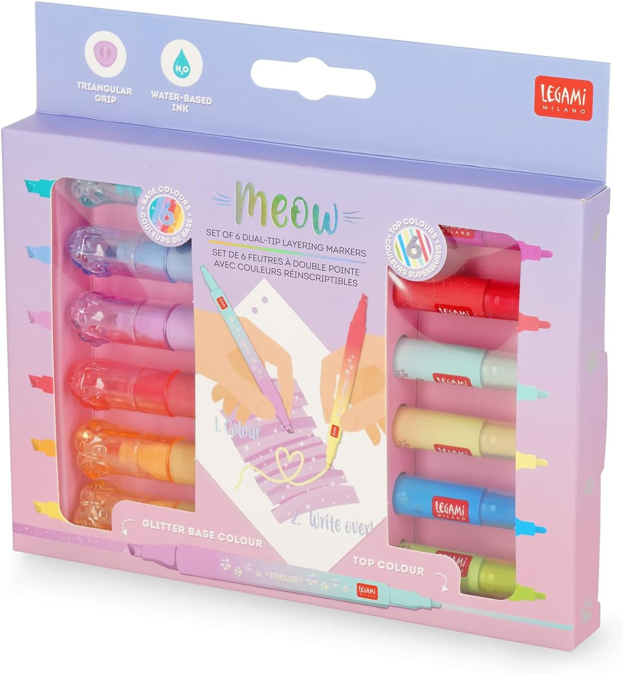 - Set Di 6 Pennarelli Doppia Punta Meow, Inchiostro a Base Di Acqua | 1 a Scalpello Di 4 Mm Con Glitter E 1 Rotonda Di 1 Mm per Sovrascrivere, Impugnatura Triangolare, 3 X 10.9 X 1.7 Cm