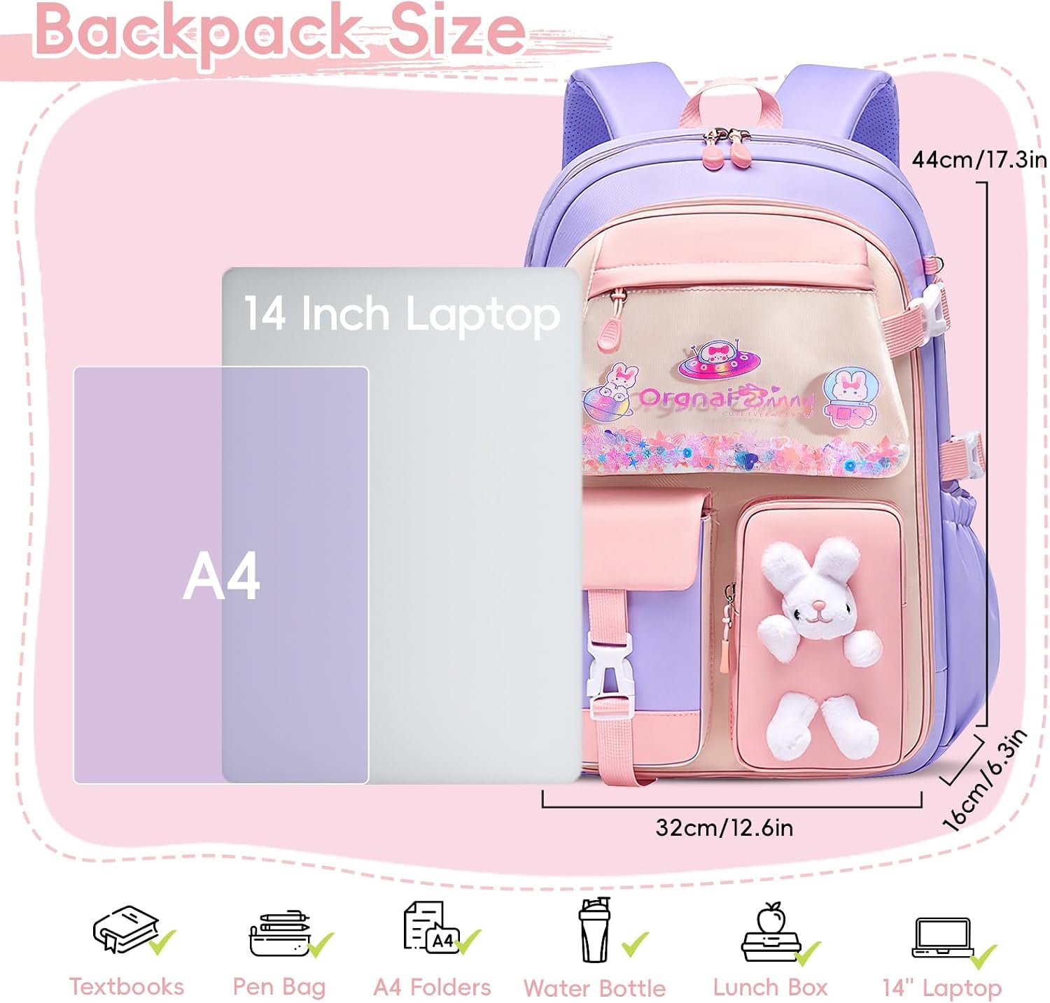 Sac D'École Fille Primaire, Cartable Scolaire Kawaii En 3 Pièces | Léger Et Confortable Sac À Dos Fille Avec Sac Repas Et Trousses, CE1 Au CM2, Violet