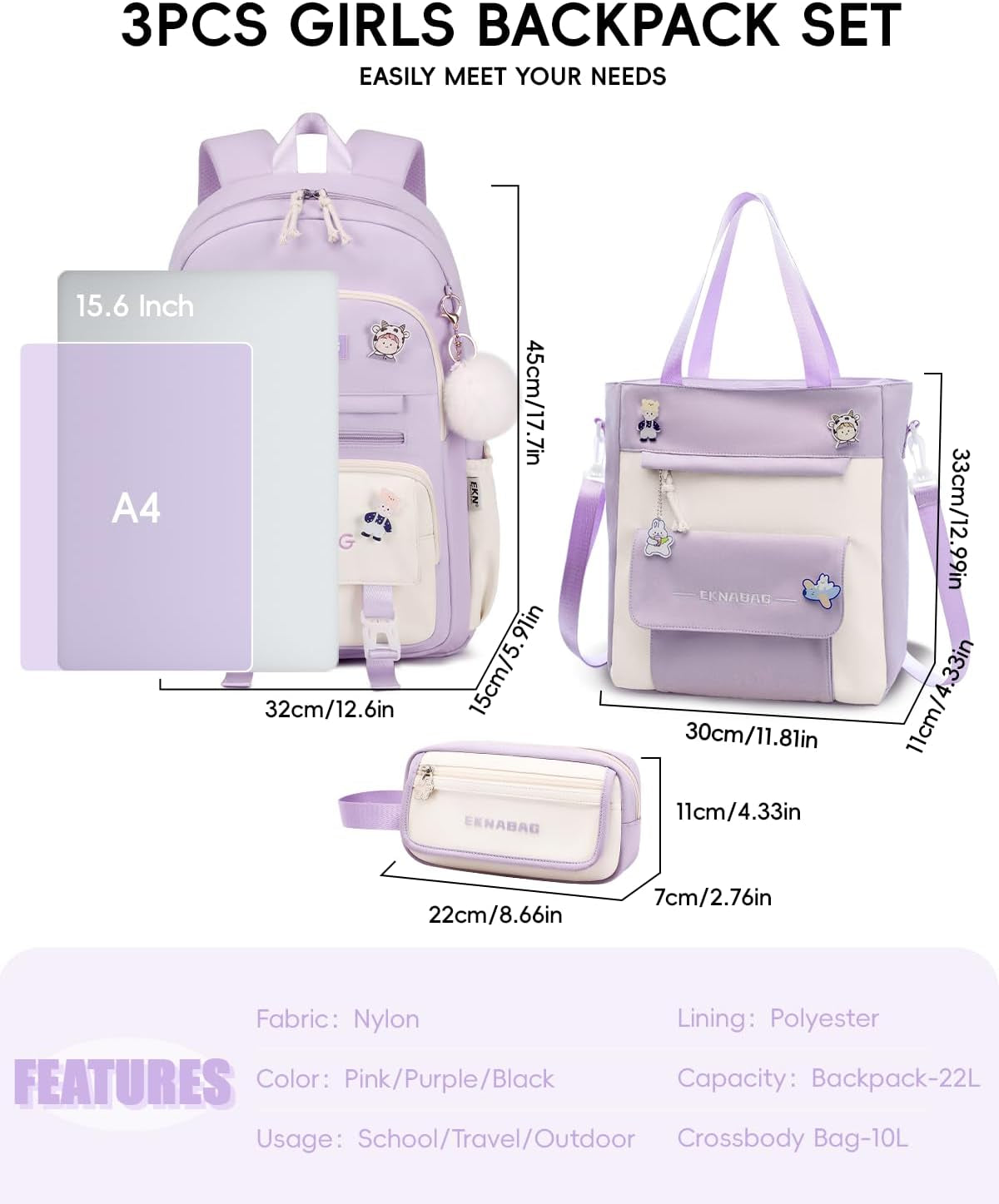 Cartable Fille Primaire, Ensemble De Sac D Ecole Fille College | Sac À Dos Décontracté Pour Adolescent Filles Avec Sac À Bandoulière Et Trousse À Crayons, Violet