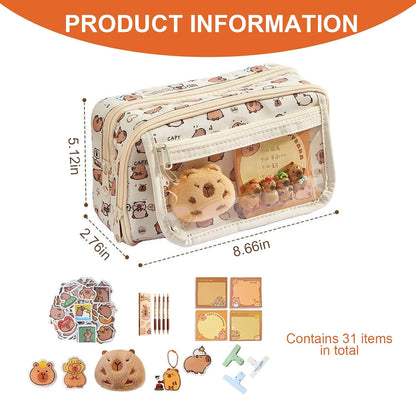 58 Pièces Ensemble Papeterie Capybara, Kawaiitrousse À Crayons Capybara | Avec 9 Compartiments, Avec Stylos, Pinces, Broches, Etc., Pour Le Bureau, Fourniture Scolaire, Étudiants