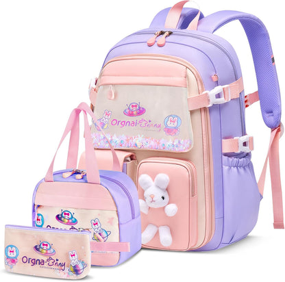 Sac D'École Fille Primaire, Cartable Scolaire Kawaii En 3 Pièces | Léger Et Confortable Sac À Dos Fille Avec Sac Repas Et Trousses, CE1 Au CM2, Violet
