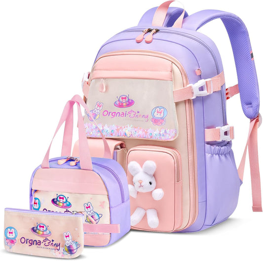 Sac D'École Fille Primaire, Cartable Scolaire Kawaii En 3 Pièces | Léger Et Confortable Sac À Dos Fille Avec Sac Repas Et Trousses, CE1 Au CM2, Violet