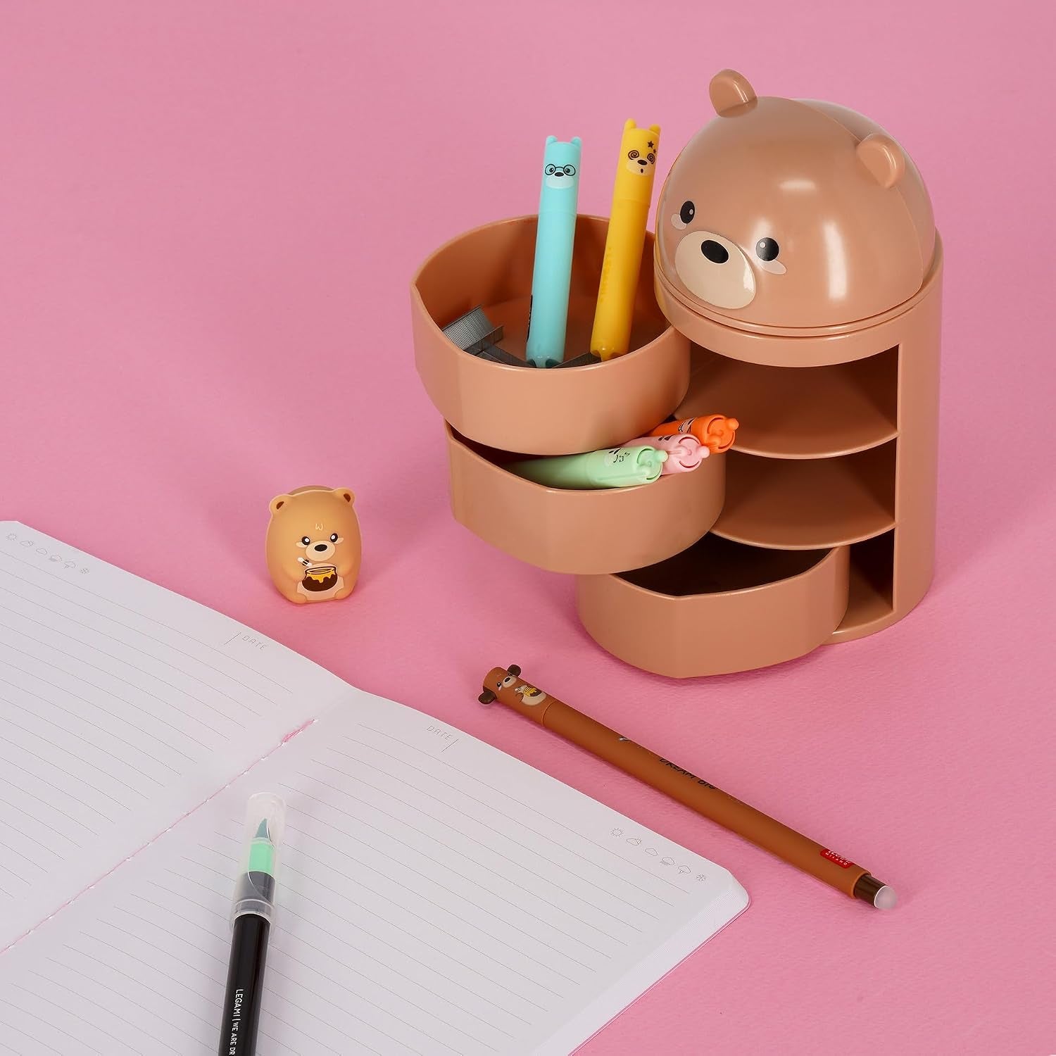 - Organiser Da Scrivania, Desk Organiser Con 3 Cassetti Ad Apertura Laterale, Scomparto Superiore Con Chiusura a Scorrimento, Tema Teddy Bear