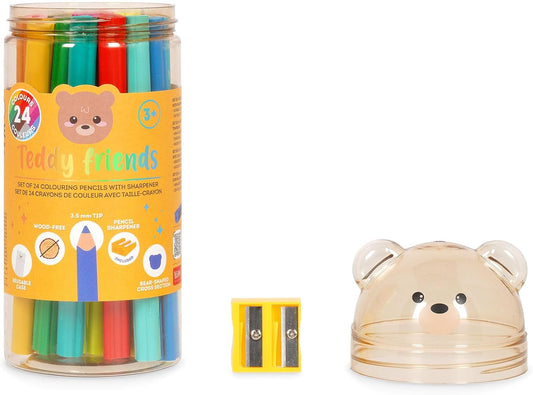 - Set Di 24 Matite Colorate Con Temperino Teddy Friends, Pastelli per Colorare, a Forma Di Orsetto, Resistenti, Senza Legno, Colori Brillanti, Contenitore in PET Riutilizzabile