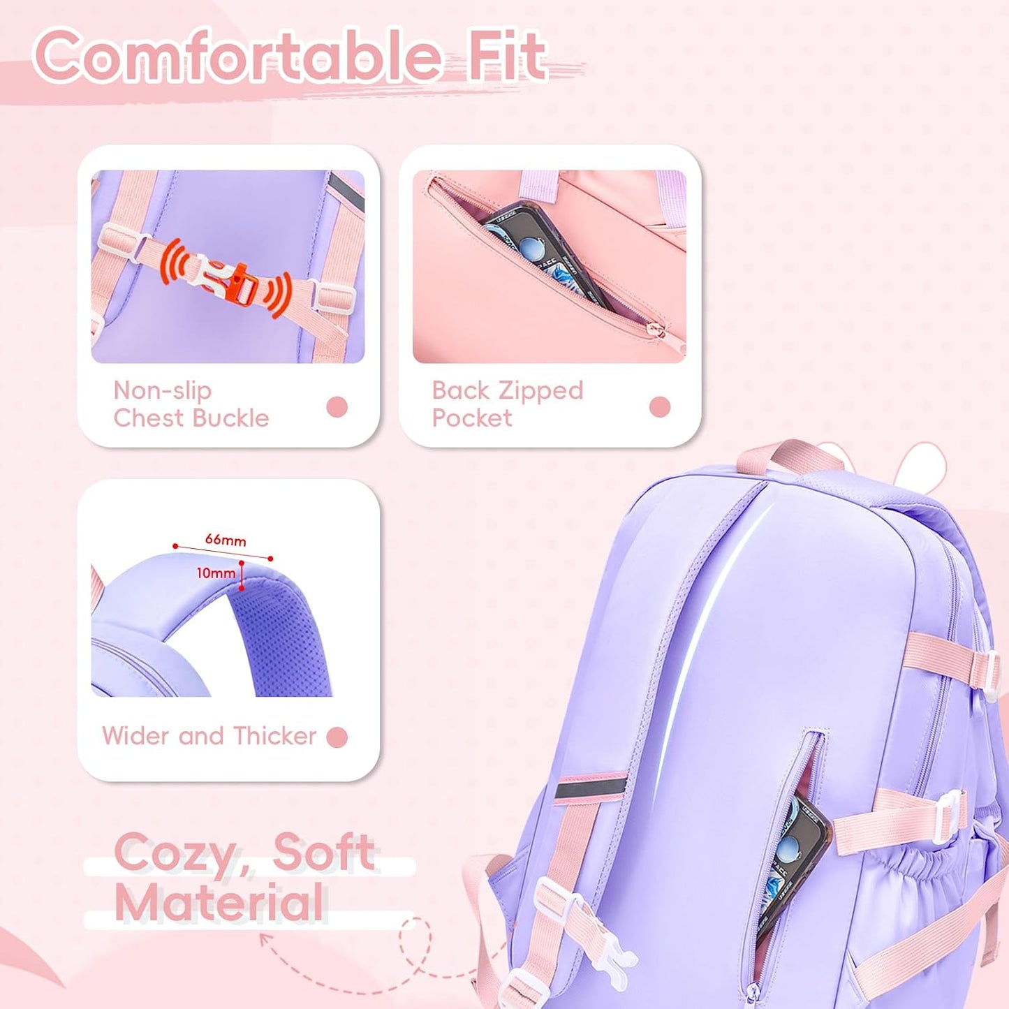 Sac D'École Fille Primaire, Cartable Scolaire Kawaii En 3 Pièces | Léger Et Confortable Sac À Dos Fille Avec Sac Repas Et Trousses, CE1 Au CM2, Violet