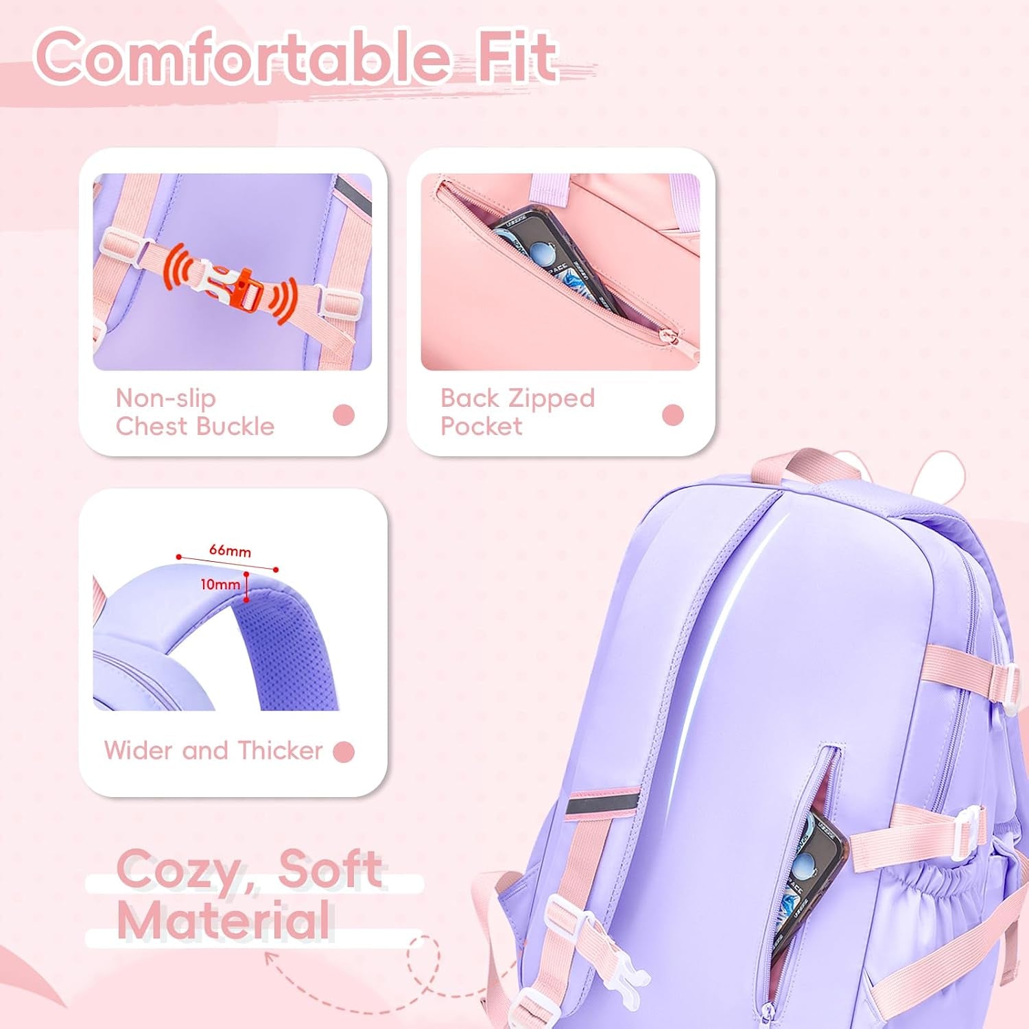 Sac D'École Fille Primaire, Cartable Scolaire Kawaii En 3 Pièces | Léger Et Confortable Sac À Dos Fille Avec Sac Repas Et Trousses, CE1 Au CM2, Violet