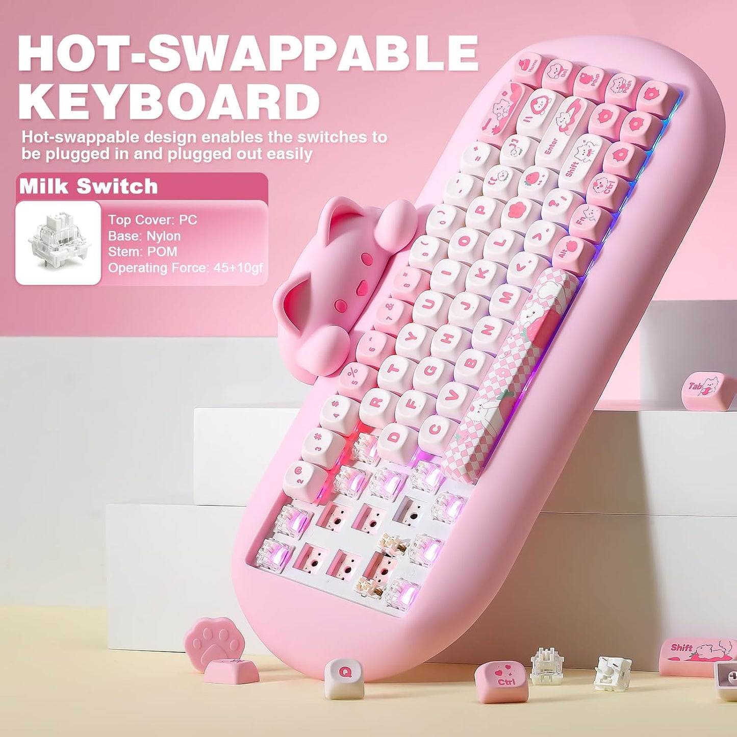C68 Wireless Mechanical Keyboard,65% Layout,Hot Swap,Triple Mode Bt5.0/2.4G/Wired, RGB Backlit NKRO (Pink, Milk Switch)