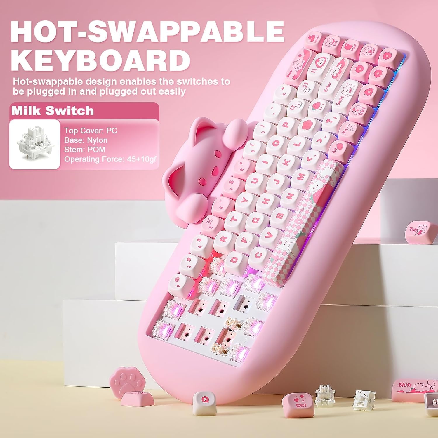 C68 Wireless Mechanical Keyboard,65% Layout,Hot Swap,Triple Mode Bt5.0/2.4G/Wired, RGB Backlit NKRO (Pink, Milk Switch)