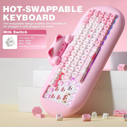 C68 Wireless Mechanical Keyboard,65% Layout,Hot Swap,Triple Mode Bt5.0/2.4G/Wired, RGB Backlit NKRO (Pink, Milk Switch)