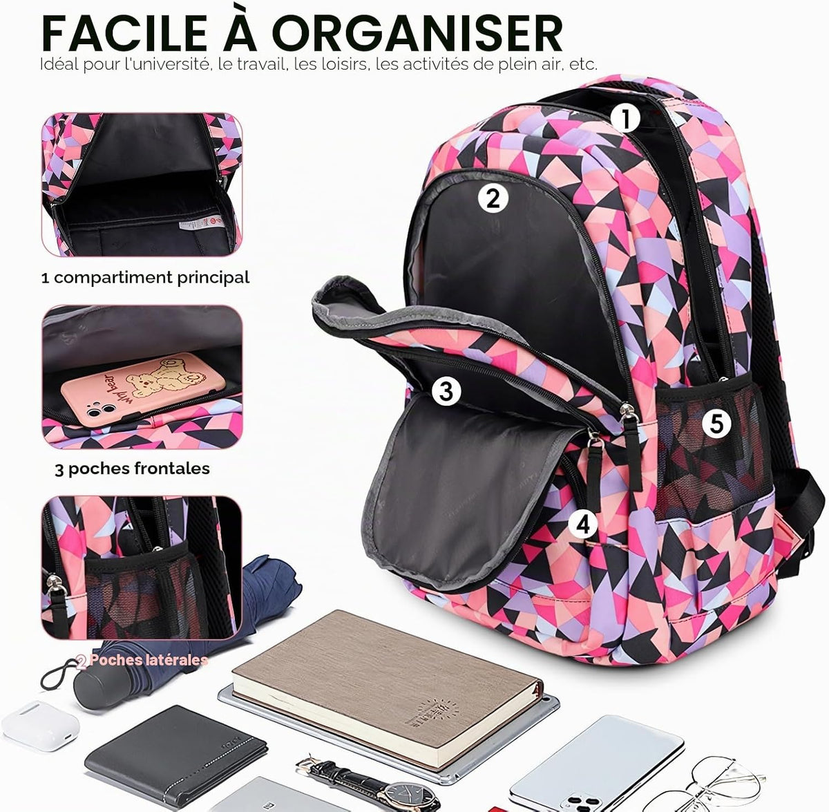 Sac À Dos Scolaire Set Fille 3 En 1 Cartable En Imperméable Avec Sac À Crayons Pour Enfant Adolescent Idéal Pour L'École/Les Loisirs/Le Voyage/La Randonnée