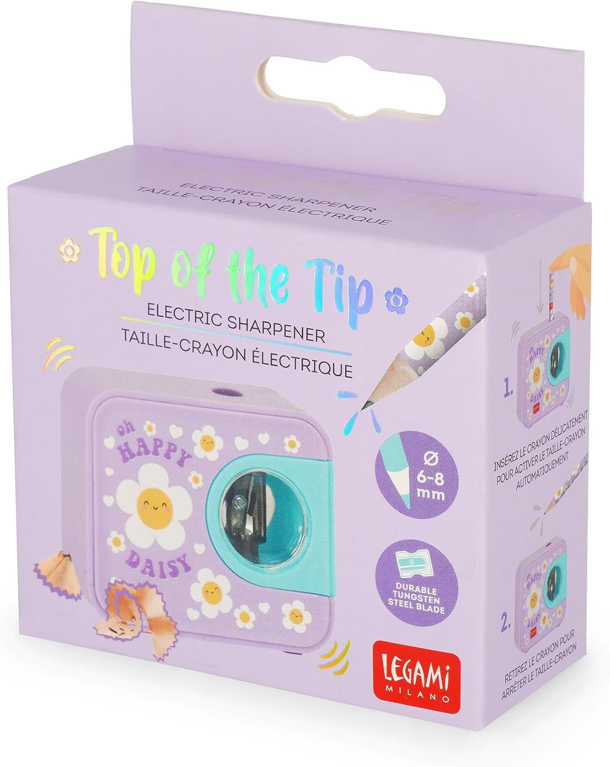 - Temperino Elettrico Top of the Tip, Tema Daisy, Con Serbatoio | per Matite Con Diametro 6-8 Mm, 1 Batteria AA Non Inclusa, in Plastica, 7.9 X 6.9 X 2.9 Cm