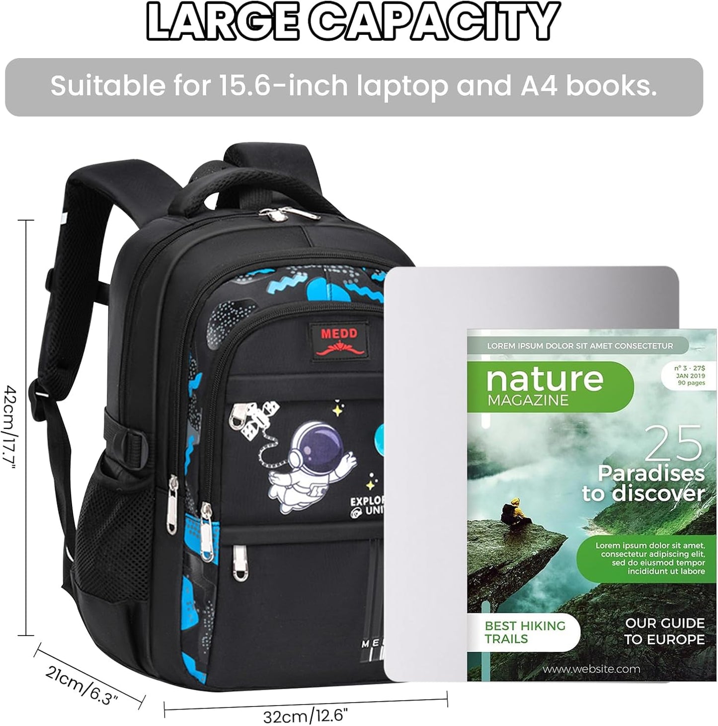 Zaino Scuola Elementare Bambino Zainetto Ragazzo Scuola Media,Zaino per Bambini Bambina Grande Capacità Impermeabile Zainetti Elementari Dal Design Ergonomico,28L,Nero