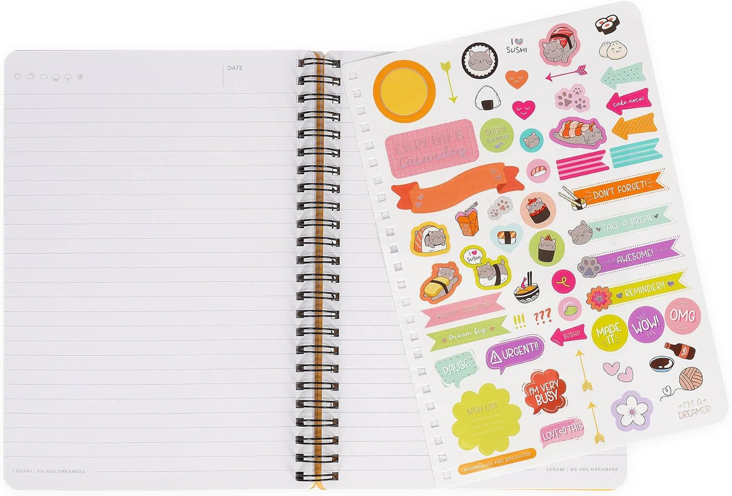 - Quaderno Spiralato a Righe 7 Mm, Sushi Cat, Formato A5, Large, in Carta FSC Certificata, Contiene 1 Foglio Di Adesivi, 160 Pagine, Chiusura Con Elastico, 15 X 21 Cm