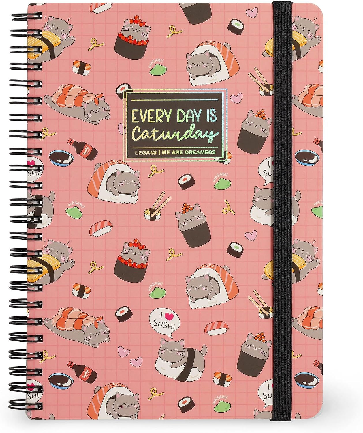 - Quaderno Spiralato a Righe 7 Mm, Sushi Cat, Formato A5, Large, in Carta FSC Certificata, Contiene 1 Foglio Di Adesivi, 160 Pagine, Chiusura Con Elastico, 15 X 21 Cm