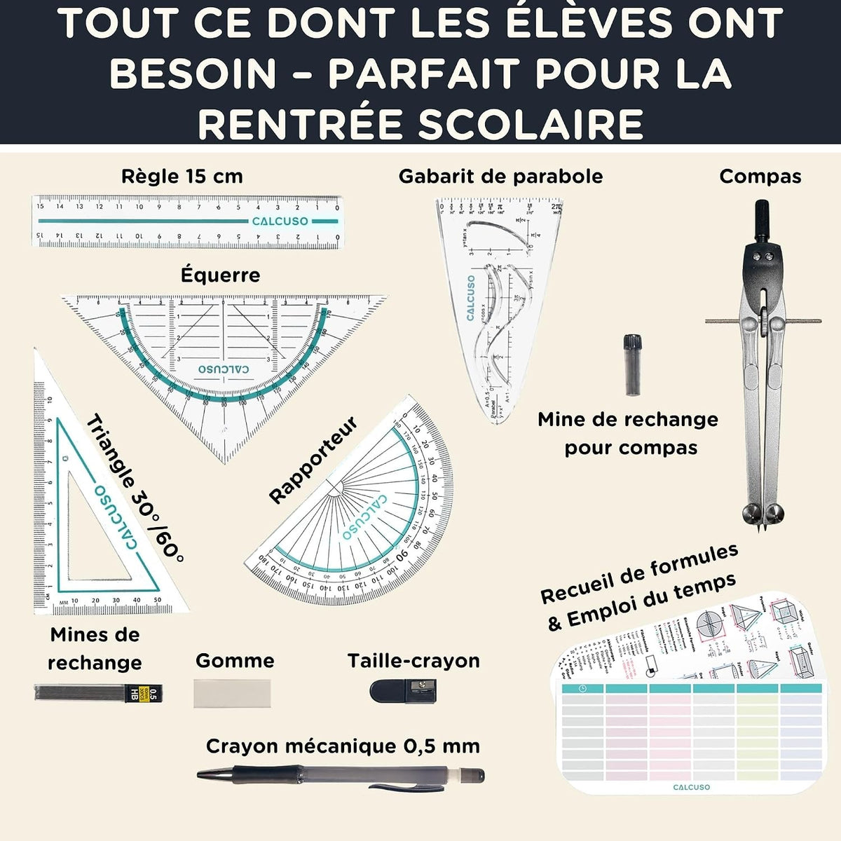 Set De Géométrie PRO En Trousse Turquoise Avec Compas, Règle, Rapporteur Et Équerre – Pour École, College, Bureau Et Université