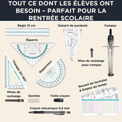 Set De Géométrie PRO En Trousse Turquoise Avec Compas, Règle, Rapporteur Et Équerre – Pour École, College, Bureau Et Université