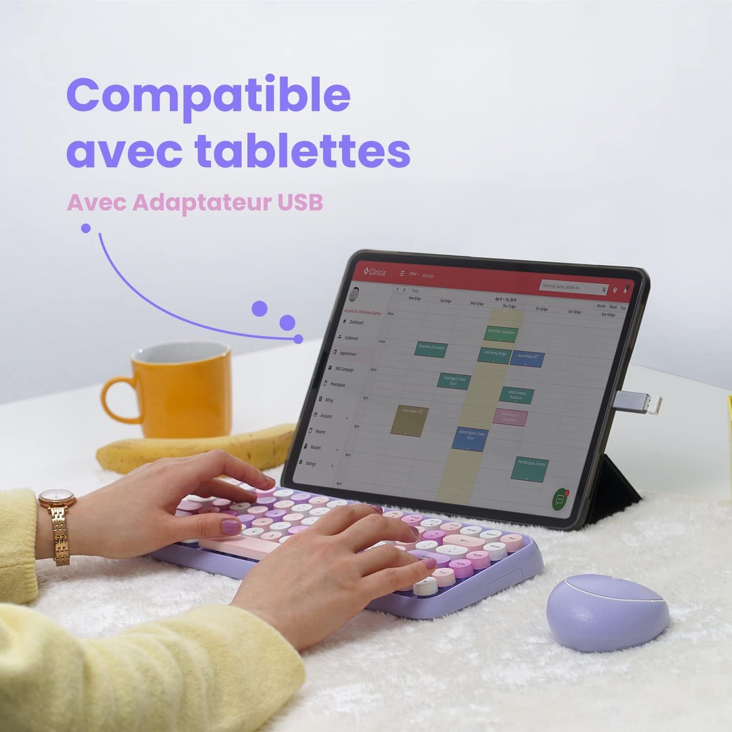PERIDUO-713 Ensemble Mini Clavier Et Souris Sans Fil 2.4 Ghz, Touches De Style Rétro Arrondies, Violette, AZERTY