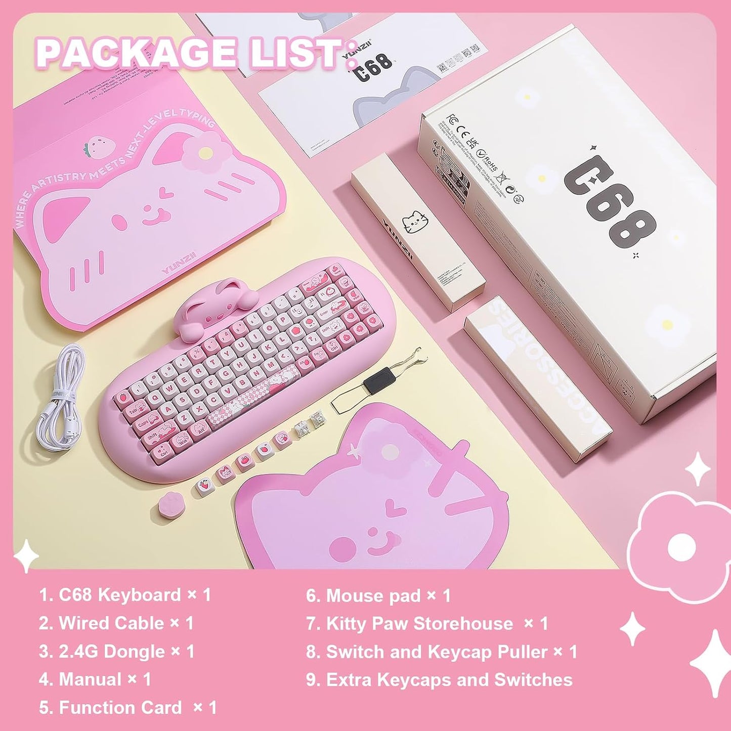 C68 Wireless Mechanical Keyboard,65% Layout,Hot Swap,Triple Mode Bt5.0/2.4G/Wired, RGB Backlit NKRO (Pink, Milk Switch)