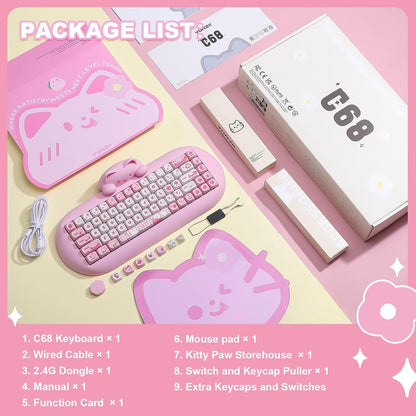 C68 Wireless Mechanical Keyboard,65% Layout,Hot Swap,Triple Mode Bt5.0/2.4G/Wired, RGB Backlit NKRO (Pink, Milk Switch)