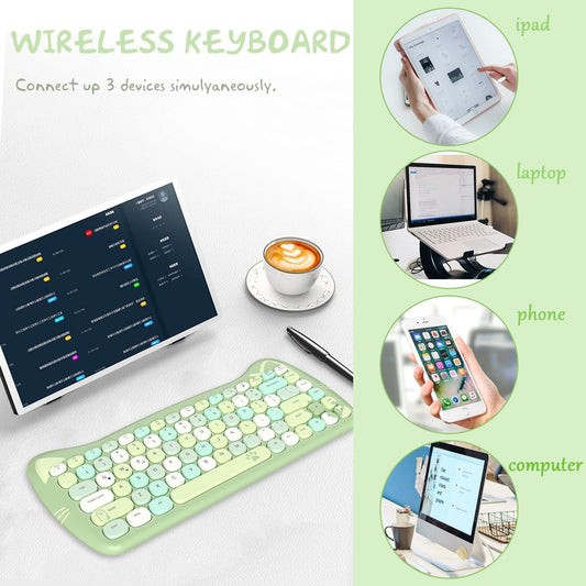 3060I Clavier D'Ordinateur Sans Fil Mignon, Chat Rétro Silencieux Clavier Bluetooth, Machine À Écrire Ronde Texture Mate Keycap, QWERTY, Multi-Appareils Connexion Pour PC Mac-Coloré Vert