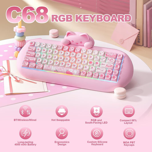 C68 Wireless Mechanical Keyboard,65% Layout,Hot Swap,Triple Mode Bt5.0/2.4G/Wired, RGB Backlit NKRO (Pink, Milk Switch)