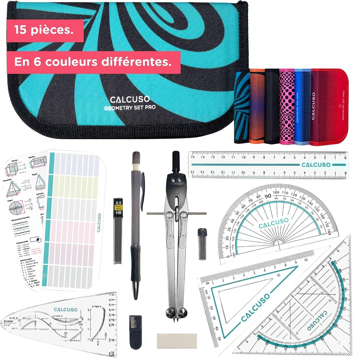 Set De Géométrie PRO En Trousse Turquoise Avec Compas, Règle, Rapporteur Et Équerre – Pour École, College, Bureau Et Université