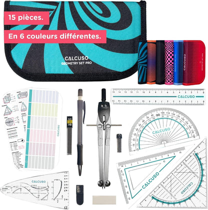 Set De Géométrie PRO En Trousse Turquoise Avec Compas, Règle, Rapporteur Et Équerre – Pour École, College, Bureau Et Université