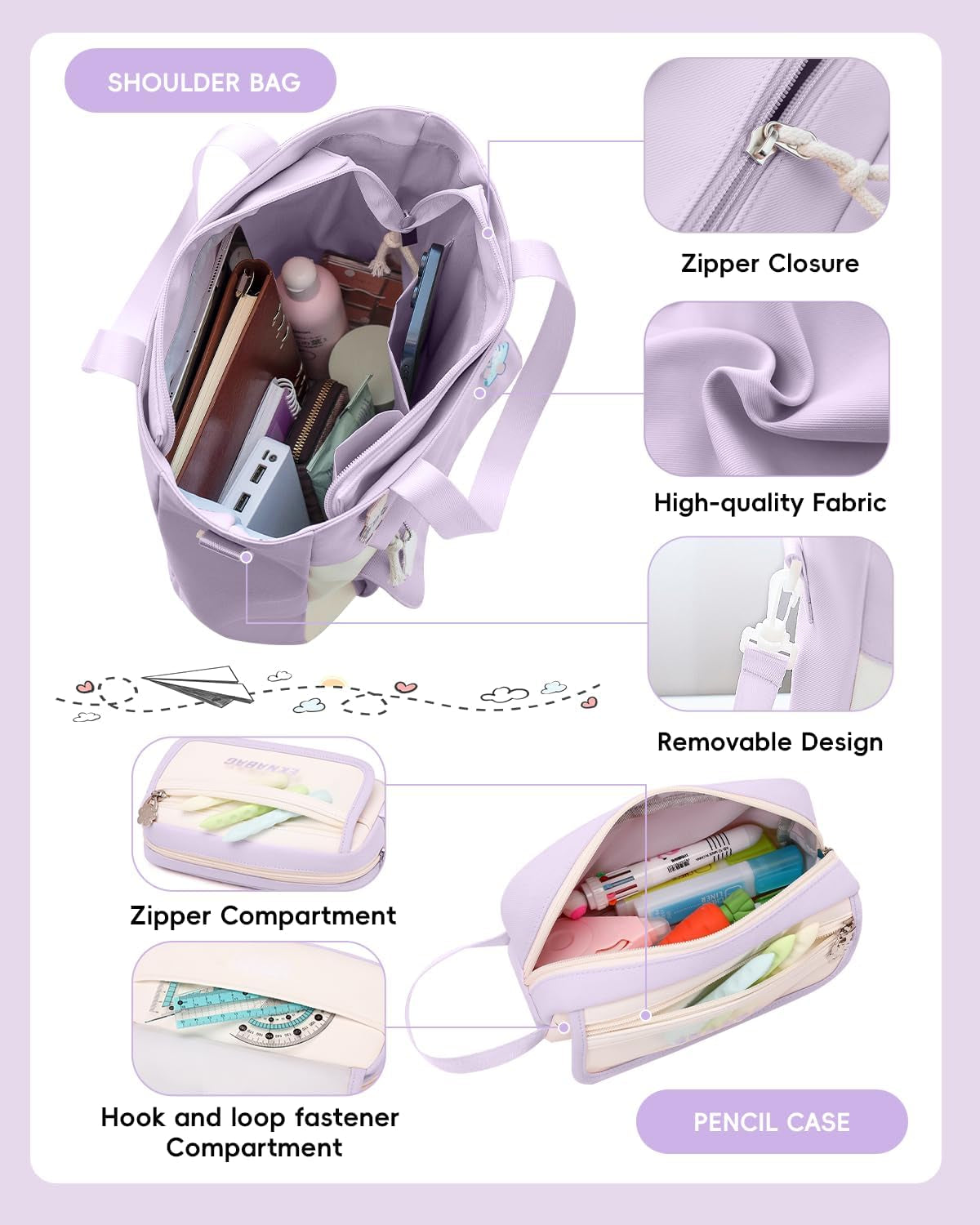 Cartable Fille Primaire, Ensemble De Sac D Ecole Fille College | Sac À Dos Décontracté Pour Adolescent Filles Avec Sac À Bandoulière Et Trousse À Crayons, Violet