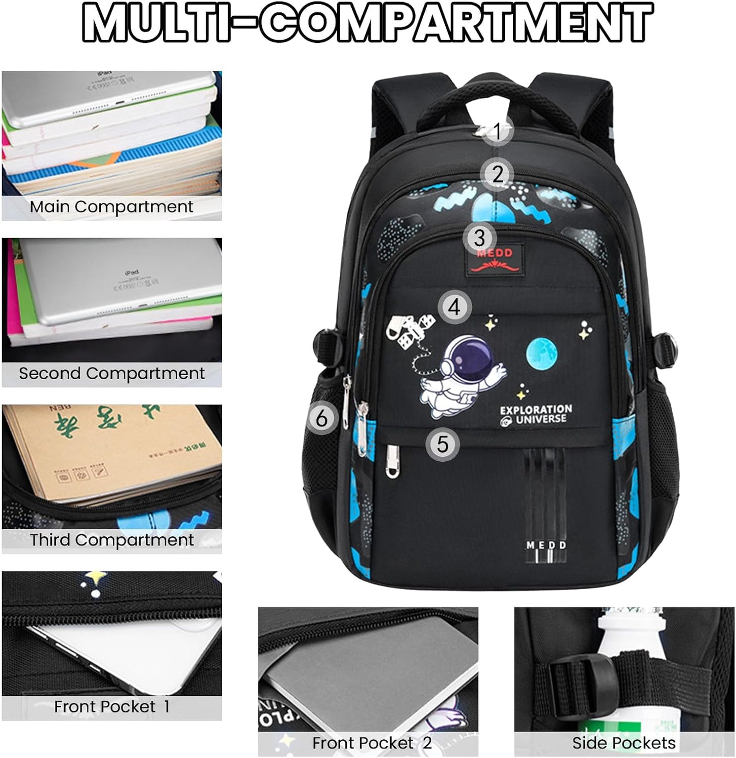 Zaino Scuola Elementare Bambino Zainetto Ragazzo Scuola Media,Zaino per Bambini Bambina Grande Capacità Impermeabile Zainetti Elementari Dal Design Ergonomico,28L,Nero