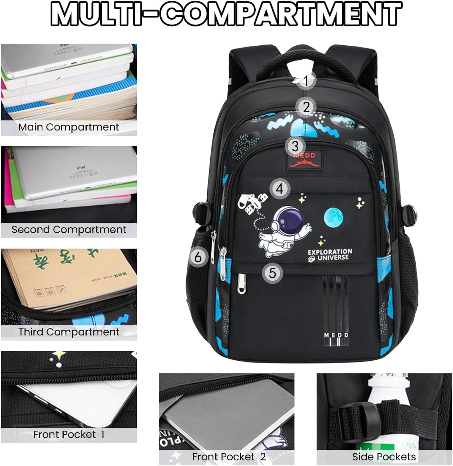 Zaino Scuola Elementare Bambino Zainetto Ragazzo Scuola Media,Zaino per Bambini Bambina Grande Capacità Impermeabile Zainetti Elementari Dal Design Ergonomico,28L,Nero