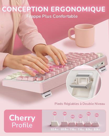 R75 Clavier Gamer Tir Mode Gasket Mounted, Clavier Sans Fil Mécanique RVB, AZERTY Français Avec Knob, Clavier TKL 75% Hot Swap Qmk/Via, PBT Keycaps, Pink