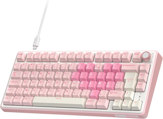 R75 Clavier Gamer Tir Mode Gasket Mounted, Clavier Sans Fil Mécanique RVB, AZERTY Français Avec Knob, Clavier TKL 75% Hot Swap Qmk/Via, PBT Keycaps, Pink