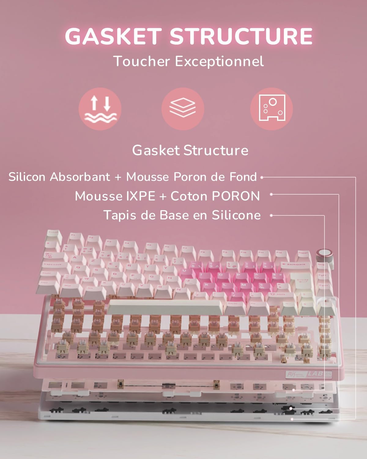 R75 Clavier Gamer Tir Mode Gasket Mounted, Clavier Sans Fil Mécanique RVB, AZERTY Français Avec Knob, Clavier TKL 75% Hot Swap Qmk/Via, PBT Keycaps, Pink