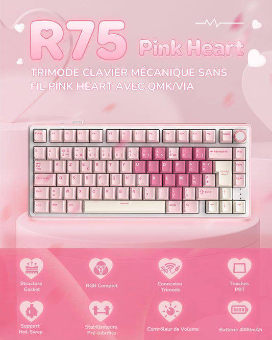 R75 Clavier Gamer Tir Mode Gasket Mounted, Clavier Sans Fil Mécanique RVB, AZERTY Français Avec Knob, Clavier TKL 75% Hot Swap Qmk/Via, PBT Keycaps, Pink