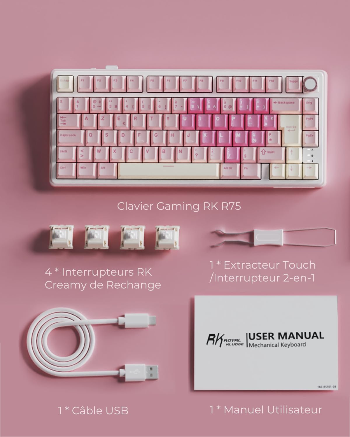 R75 Clavier Gamer Tir Mode Gasket Mounted, Clavier Sans Fil Mécanique RVB, AZERTY Français Avec Knob, Clavier TKL 75% Hot Swap Qmk/Via, PBT Keycaps, Pink