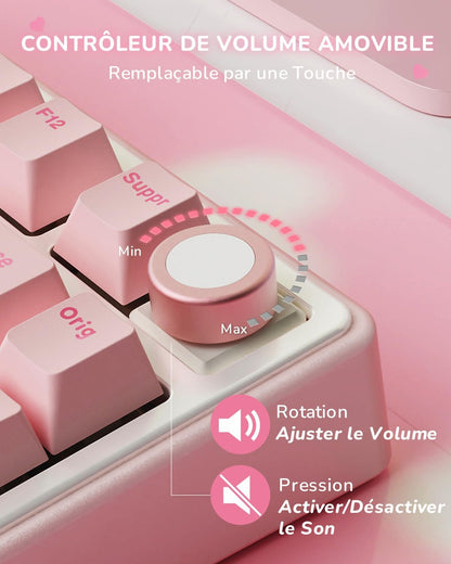 R75 Clavier Gamer Tir Mode Gasket Mounted, Clavier Sans Fil Mécanique RVB, AZERTY Français Avec Knob, Clavier TKL 75% Hot Swap Qmk/Via, PBT Keycaps, Pink