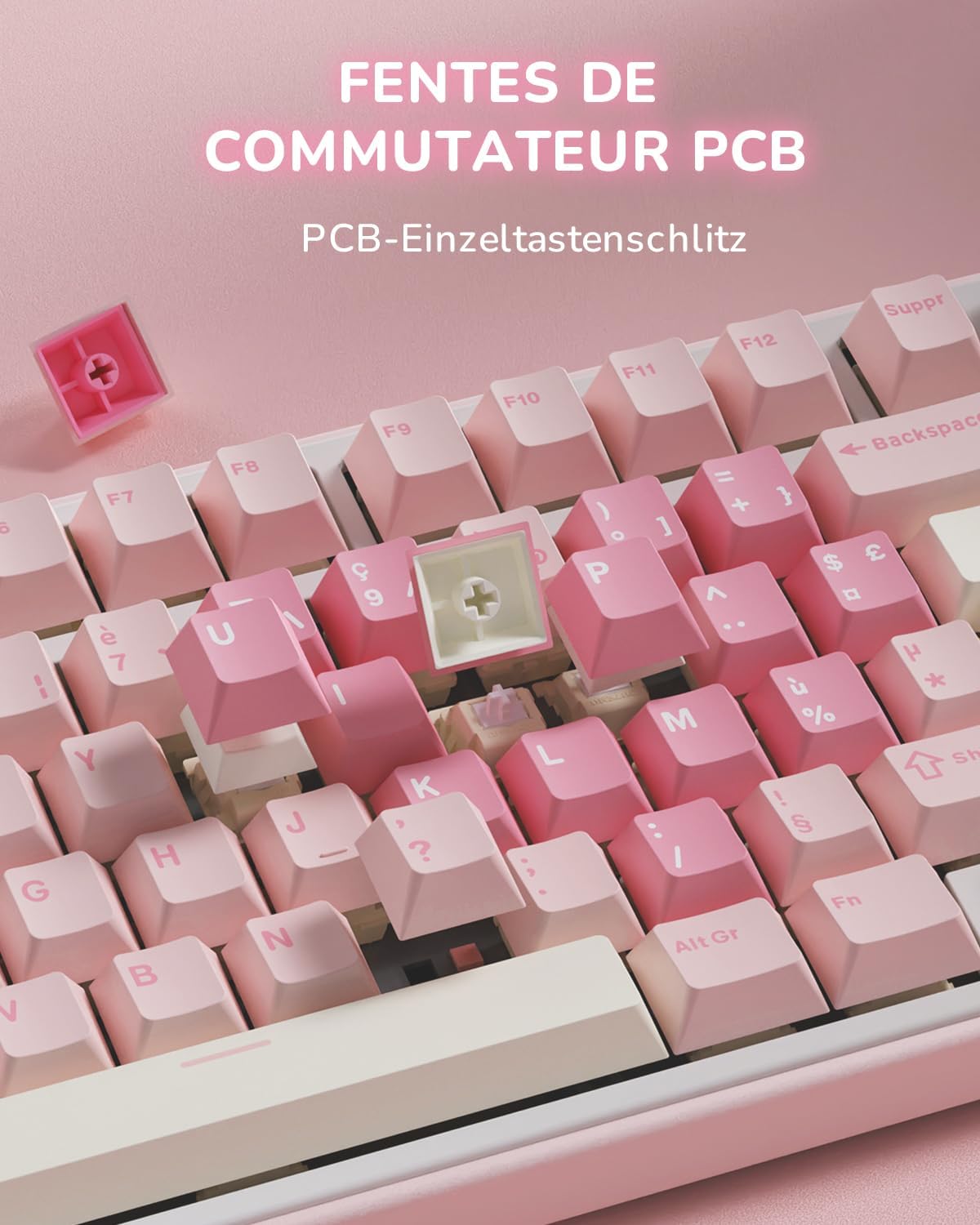 R75 Clavier Gamer Tir Mode Gasket Mounted, Clavier Sans Fil Mécanique RVB, AZERTY Français Avec Knob, Clavier TKL 75% Hot Swap Qmk/Via, PBT Keycaps, Pink