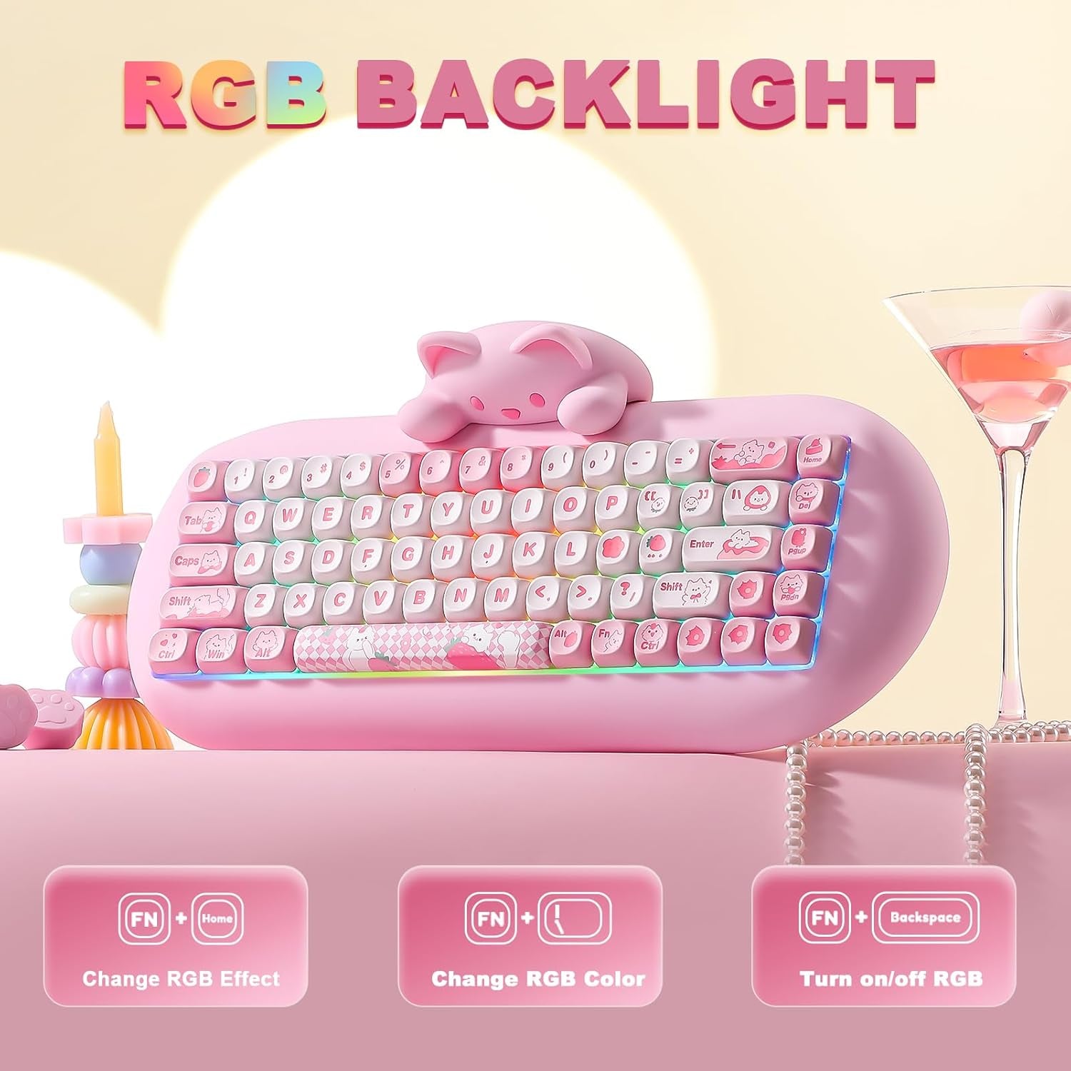 C68 Wireless Mechanical Keyboard,65% Layout,Hot Swap,Triple Mode Bt5.0/2.4G/Wired, RGB Backlit NKRO (Pink, Milk Switch)