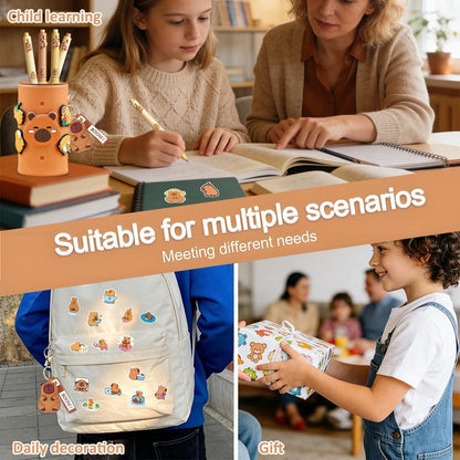 Trousse Capybara Avec Stylo Multicolores, Porte-Clés, Trousse 2 En 1 En Silicone Extensible, Papeterie Scolaire Kawaii, Cadeau Pour Enfant, Fournitures Scolaires Et Autocollants (C6)