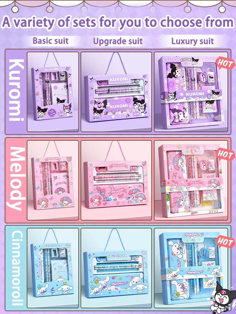 Kuromi Deluxe Stationery Set Gift Box Cute Melody Cinnamoroll Pencil Eraser Ruler Pencil Case Happy Learning Gift Pack