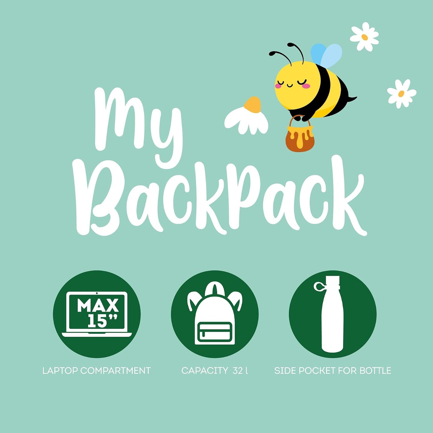 - Zaino per Scuola My Backpack, Cartella Scuola, Anche per Viaggio | Foderata, Regolabile, Chiusura a Zip, Scomparto Interno per Laptop E Tablet, Tasca Laterale, 30 X 40 X 18 Cm
