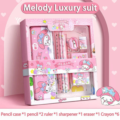 Kuromi Deluxe Stationery Set Gift Box Cute Melody Cinnamoroll Pencil Eraser Ruler Pencil Case Happy Learning Gift Pack