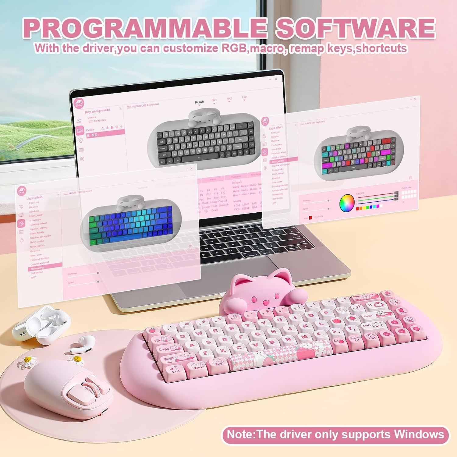 C68 Wireless Mechanical Keyboard,65% Layout,Hot Swap,Triple Mode Bt5.0/2.4G/Wired, RGB Backlit NKRO (Pink, Milk Switch)